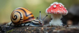 zebra cat snail and fluffy mushroom