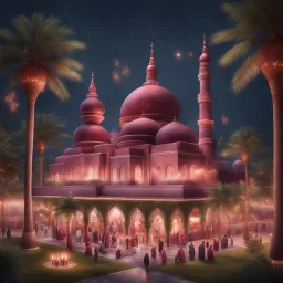 Hyper Realistic areal view of beautiful maroon mosque with people celebrating outside with garland lights & sky lanterns at rainy night with palm trees & grass patches