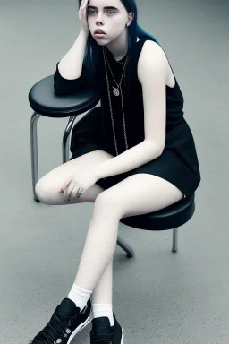 Billie Eilish, sitting on a chair, Black Short Dress, pale skin, high detail, realistic, 8k