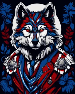 anthropomorphic wolf full body art illustration black background red, blue and white color