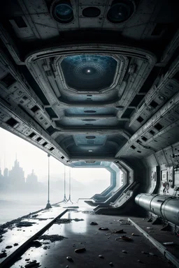 Alien symbols and silent corridors evoke space horror in this abandoned spaceship interior