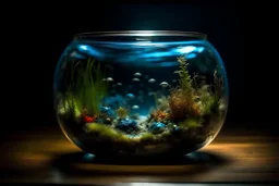 Tiny underwater complete world in large glass bowl water Omni light sharp detailed and intricate environment