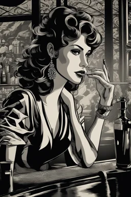 a beautiful woman holding a cigarette, smoking at a bar counter, cigarette smoke, intricate detail, sharp focus, photorealistic, high contrast, perfect hand, noir mood, film style