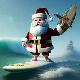 Santa standing of surfboard surfing a big wave, surfboard, beach, character design by cory loftis, fenghua zhong, ryohei hase, ismail inceoglu and ruan jia. unreal engine 5, artistic lighting, highly detailed, photorealistic, fantasy