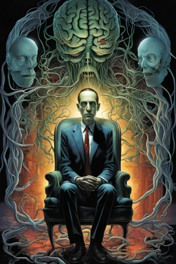 Book cover art for text: "HP LOVECRAFT" text: "WHISPERER IN THE DARKNESS", discarded face skin mask on the seat of a chair, dramatic, double exposure image of a brain in a jar hooked up to electrodes, eldritch, sci-fi, cover art design by Drew Struzan, color ink illustration by Dan Seagrave and Grant Morrison