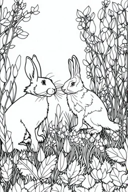 Outline art, rabbits standing in the bush, full body, cartoon style, black and white, low detail, no shading, --ar 9:11