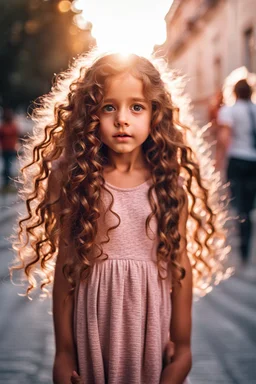 little girl, beautiful face , long curly hair, that is standing on a sidewalk, , trending on unsplash, viennese actionism, anamorphic lens flare, dynamic pose, shallow depth of field, dreamlike, nature-inspired, romantic, whimsical, fantasy art,