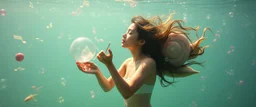 true yoga mind bending bubble gum as a young woman floating transparent music notes in the weirder universe in the ocean with the snail fish king