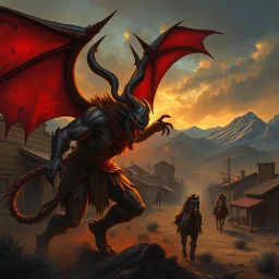 demon attacking wild west town grimdark realistic