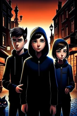 Design a book cover for fantasy criminal story. One teenage girl and two boys are on the town street. Black Cat as a company. The book is for teenagers. Modern style. Bakery in the background