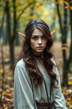 Autumn eladrin woman with elf ears, wavy brunette hair, and amber yellow eyes in an autumn forest