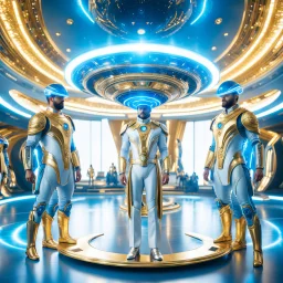 (masterpiece, best quality, 8k, RAW photo, beautiful and aesthetic:1.2), complex detail, Indirect light, photorealistic, (((full body))), Meeting of a group of Cosmic male gods smiling, Mixed, sci-fi, spiritual and cyborg outfit with golden futuristic artifacts, white, blue and silver elements- Inside a great room of a flying saucer with a round hublot showing a galactic sunset