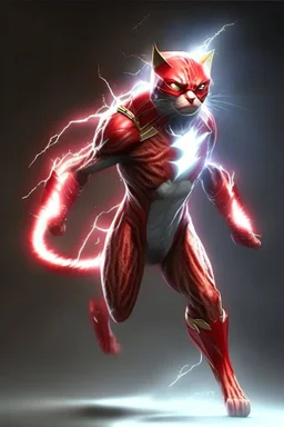 cat as flash, humanoid, 3d, full body, realistic, red lightning