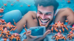 guy smiling while watching censored videos on smartphone surrounded by tiny crabs