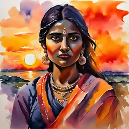 A portrait of a young Indian woman at sunset painted in watercolours and oils by expressionist in large brush strokes
