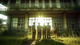 An image that summarizes the story of “The Abandoned Laboratory” shows a group of friends standing in front of the entrance to an abandoned scientific laboratory. Light filters through the broken windows and illuminates the front yard covered with wild grasses. Tranquility and silence are evident around the building, enhancing the mystery surrounding the place. The friends are gathered and ready to explore the mystery and dangers inside the laboratory. They hold flashlights and look at the main