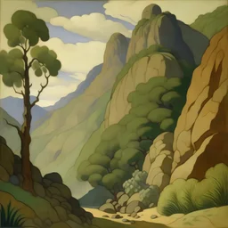 A large grayish mountain near a canyon painted by Paul Ranson