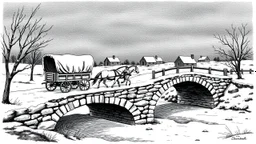 Vintage, black and white illustration depicting a winter scene with a covered wagon crossing a stone bridge. The wagon is drawn by a team of six horses, trudging through the snow. The bridge is arched and made of stone, with a rustic wooden railing on one side. The landscape is barren with leafless trees and snow-covered ground. In the background, there are small, snow-covered houses. The sky is dark, suggesting either dusk or a cloudy day. The image has a detailed, textured style typical of cla