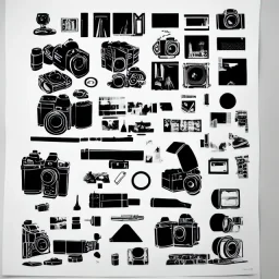 elements of photographic equipment. poster graphics. high detailed. ink and acrylic.