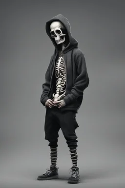 8k animation image of an attractive skeleton boy, dressed in trendy hoody, in the style of tim burton