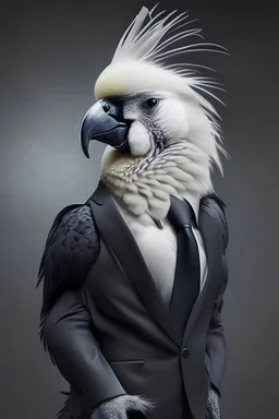 a cockatoo wearing a black suit