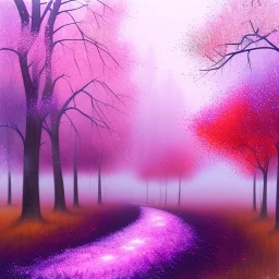 Trees growing pink and purple leaves, glitter, fog, willow, forest, beautiful, night, watercolor