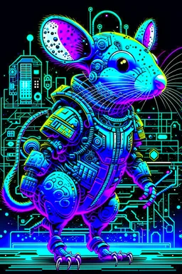 Ilustración lineal estilo Gibli de un ratón con armadura cyberpunk, full body, hiperdetallada, increíble obra de arte, colores complementarios, maximalista