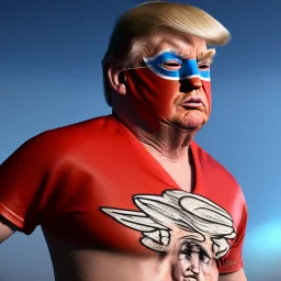 realistic image of donald trump as a mexican wrestling fighter posing, blue Mexican eyes wrestling mask, retro style, 80s, vibrant color, highly detailed, sky background, concept art, unreal engine 5, god rays, ray tracing, RTX, lumen lighting, ultra detail, volumetric lighting, 3d, finely drawn, high definition, high resolution.