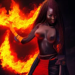 Japanese art, beautiful African female, full body, high definition, raging fire background, futuristic