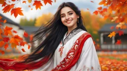 Hyper Realistic Close-Up-View of Extremely-Beautiful Young Happy Pashto Girl With Long-Black-Hair-Beautiful-Eyes-&-white-frock-with-red-shawl-with-white-embroidery Whirling-&-smiling in Autumn-Weather with cloudy sky in-an-Autumn-garden-with-orange-leaves-whirling-&-grass-arches-&-cold-breeze showing dramatic & cinematic ambiance.