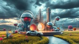 Dynamic cifi country side ,hypnotic of 3D structures Symmetry twisting and morphing between cifi plants , cifi flowers and metal geometric 3d structures buildings ,cifi cars, and an open cifi stage with a future pretty lady singer in it,smooth translucent iridescent glass with inner glow and bubbles, varied transparent materials, stormy skies, intense dramatic