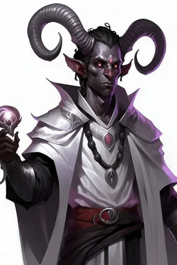 En Young male Black skin black hair tiefling Wizard with large horns glowing Silver and White symbols Everywhere on his body. He's wearing silver and White Rope and a silver cloak. His horn a perfectly place on acet from the front to the back pointing upwards with glowing Red cat Eyes. His close is elegant get simple his horns Are Same size. A little bit of Purple. His hand behind his back