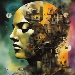 Time marches beyond the boundaries of the finite mind, neo surrealism, striking, atmospheric, dreamlike, in the graphic novel style of Dave McKean, stylish, vibrant colors, asymmetric, disjointed, non linear, photographic collage, watercolor underpainting