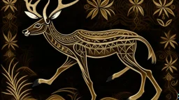 A dark brown earth elemental gazelle designed in native American petroglyphs painted by Katsushika Hokusai