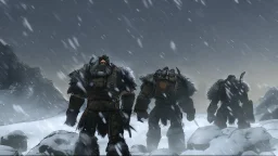 3 Warriors in blizzard, comic style