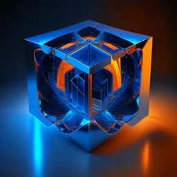 a blue metallic 4d Tesseract inside a 4d orange rotating cube in a four dimension environment