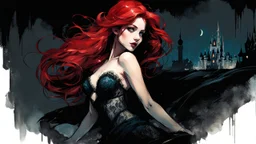 Graphic Novel Full Body Portrait Of Disney Ariel, Gorgeous Red Hair, Big Wide Set Eyes, Cute Nose, Big Pouty Lips, Unique Moody Face, Femme Fatale, Black lace bra and briefs At Night, smiling, Cinematic Detailed Mysterious Sharp Focus High Contrast Dramatic Volumetric Lighting,:: dark mysterious esoteric atmosphere :: digital matt painting by Jeremy Mann + Carne Griffiths + Leonid Afremov, black canvas, dramatic shading, detailed face