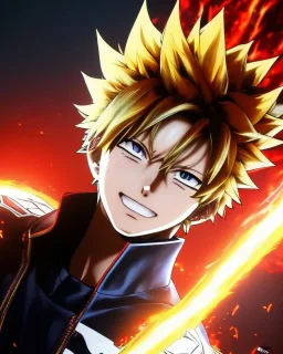 Detailed anime portrait of bakugo from my hero academia, gold hair and golden eyes, black suit, intricate details, full body portrait, keep head in frame, slight smile, black Japanese motif, concept art, highly detailed, digital painting, concept art, sharp focus, illustration, art by Yoji Shinkawa, WLOP and greg rutkowski and alphonse mucha and artgerm and yanjun Chen and Junji ito and Makoto Shinkai, HDR, octane render