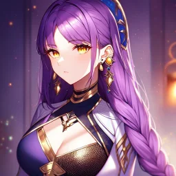 girl, masterpiece, best quality, cinematic lighting, detailed outfit, perfect eyes, purple hair, vibrant golden eyes, braided bangs, earrings,