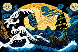 digital painting of the odyssey quest with the mythos cyclops by homer, in the style of hokusai and van gogh