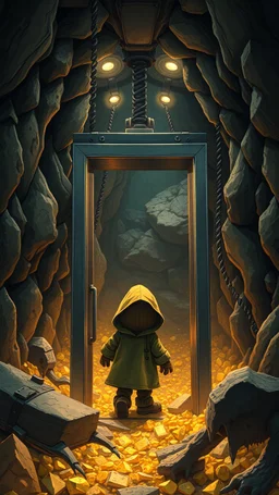 An elevator inside a cave of mine for gold a hooded creatures working as miners