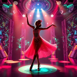 mocap graphic balerina in a recursive 3d fractal stage with disco lights