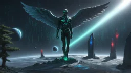 matrix, god creation, few planets on the back ground. small and large deposits of monoliths of red, blue, and green crystals of tiberium on the right side, seven space trees on the left side of the angel from the other dimensions.