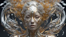 figure of a woman, art from the "art of control" collection by Jasper Harvey, in the style of futuristic optics, silver and gold, flower, bird, plant branches, detailed facial features, swirling vortices, 8k 3d, bizarre cyborgs made of crystals, high detail, high resolution, 8K