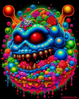 Monster made of ice cream, candy, gum drops, sprinkles tattoo design, traditional tattoo style, t-shirt design, fantasy art, digital painting, clean dark background, 8K by R. crumb, Todd Schorr, Robert Williams, Alex Alemany