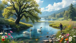 a beautiful river in country side with water falls and big tree,wild flowers and, swans pertty coloful fishes in river ,a pretty Deer with horns in inside plants,butterflies around flowers,heaven escape,some teen agers are dancing a fidller is playing violin