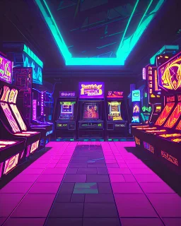 A dark photo of the corners of an 80's aesthetics arcade at night, with a lot of functioning arcade machines, a vaporwave floor and some colorful tiles in between the floor. Purple aesthetics. There are some pizza boxes over some of the arcade machines