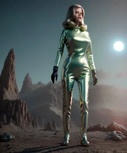 Ultra Realistic retro sci-fi image from 1960, spaceship, sweet young Jane Fonda, dress with tight latex suit, Retro sci-fi weapon, soft color, highly detailed, unreal engine 5, ray tracing, RTX, lumen lighting, ultra detail, volumetric lighting, 3d, finely drawn, high definition, high resolution.