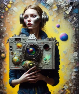 happy beautiful girl holding big proffesional camera in studio. street art, oil on canvas, spray paint, collage, letters, newspapeers, Dave McKean, Vladimir Fedotko, Saturno Butto, Vaughn Bodé, Frank Wu, James C. Christensen, collage, dirty, paint dripping, radiant