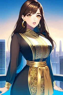 Young business woman, dark orange eyes, dark brown hair, elegant hair, thin lips, gold hoop earrings, waist up portrait, 8k resolution, intricate details, ornate details, soft lighting, vibrant colors, retroanime, masterpiece, realistic, intricate eyeliner, dark eyeshadow, eyes,futuristic cityscape background